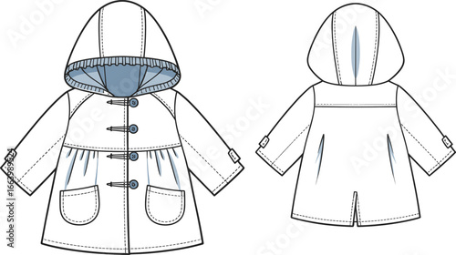 Front and back view of a white hooded children's coat with blue lining and buttons hooded coat white coat