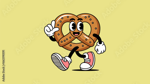 Happy cartoon pretzel character waving and walking