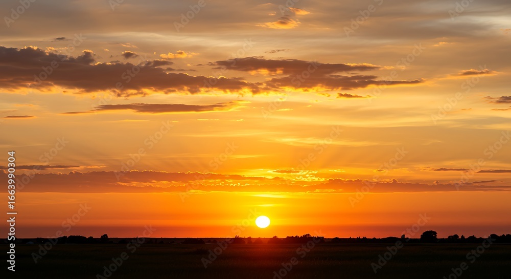 Fototapeta premium Golden hour sunset illuminating the horizon with a radiant glow, casting long shadows across the vast expanse