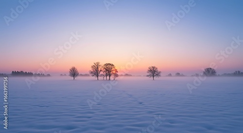 Winter Sunrise Landscape Serene Snow-Covered Field with Silhouetted Trees