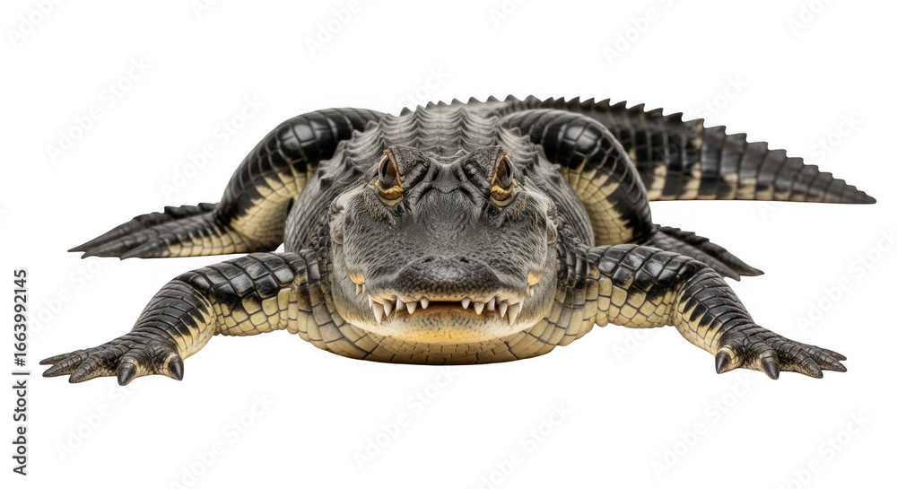 Naklejka premium Close-up front view of a dangerous American alligator showing its sharp teeth and scaly skin with a dark black background in a studio portrait setting