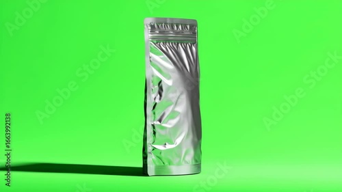 Dynamic 3D Showcase of a Blank Metallic Pouch on a Vibrant Green Screen Background