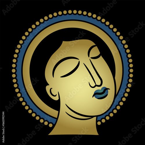 Head of a Christian saint. Medieval religious design. Gold and blue art on black background.