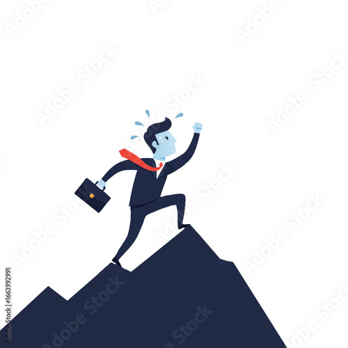A triumphant businessman, with visible sweat, celebrates reaching a mountain peak, symbolizing success through hard work in a clean 2D flat vector illustration.