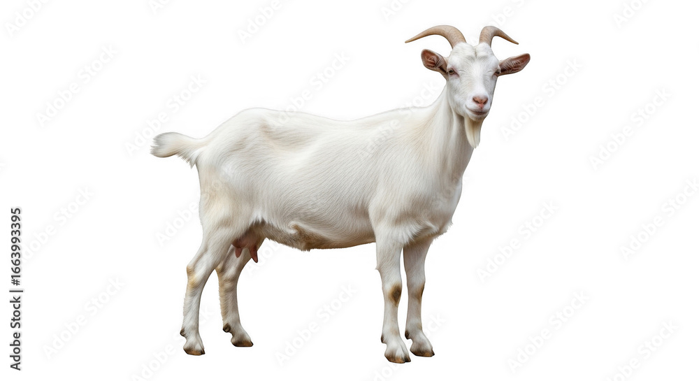 Fototapeta premium A Majestic White Goat Standing Proudly on a Solid Ground with a Clear Black Background Showing its Full Body