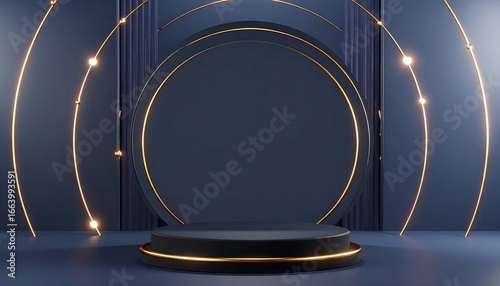 Abstract Stage Podium with Gold Circular Lights and a Dark Background