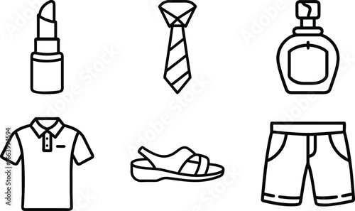 Fashion and clothing line icons lipstick tie perfume polo shirt sandal shorts