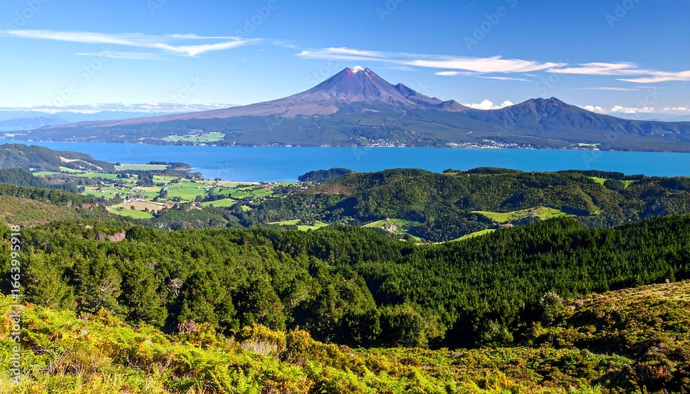 Fototapeta premium Stunning panoramic view of majestic mountain with a serene lake below