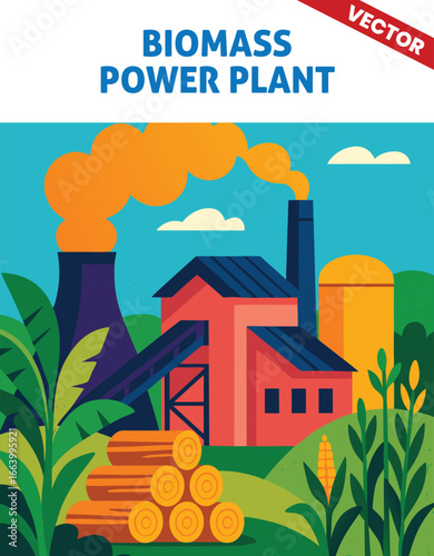 Biomass power plant: Vibrant vector art of a biomass power plant with smoke stacks, a storage area with logs, and lush plants, emphasizing sustainable energy production