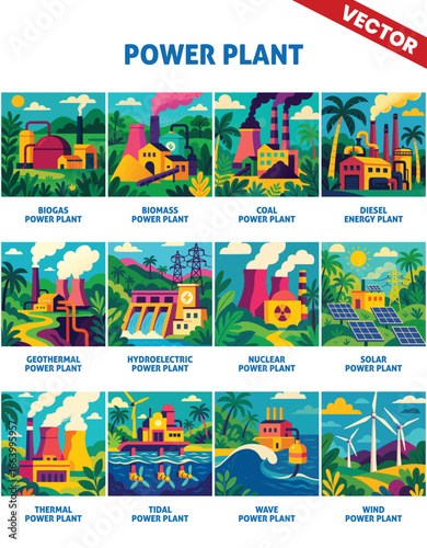 Types of power plants: Colorful vector art showcasing diverse power plants like wind, tidal, and solar stations alongside beautiful ocean views and green surroundings