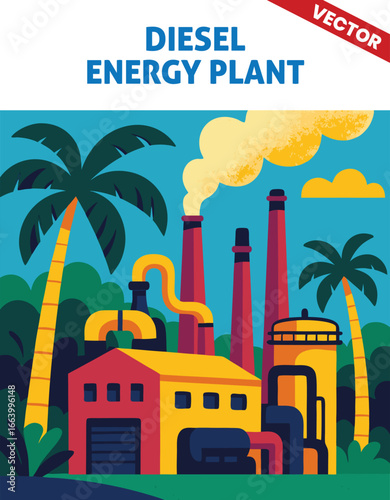 Diesel energy plant Vector Illustration Modern vector illustration with industrial machinery, a tall smokestack emitting smoke, surrounded by lush green tropical plants and power