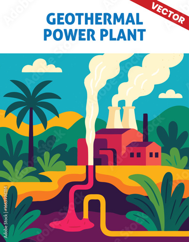Geothermal Power Station Vector Illustration with Colorful Pipes and Steam in Lush Tropical Environment