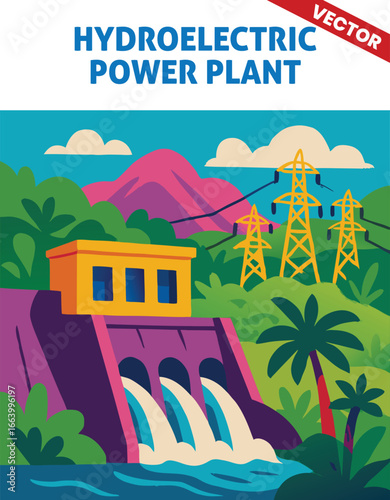 Hydroelectric Power Plant Vector Illustration with Large Dam, Water Flowing Through Turbines in a Scenic Mountain Landscape