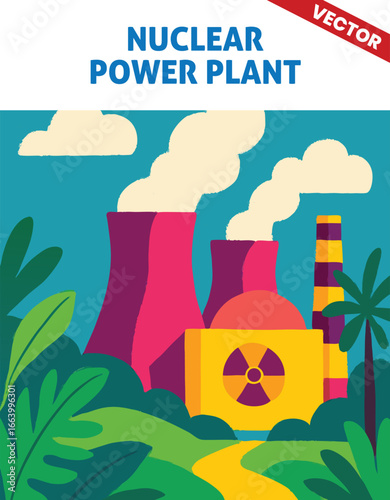 Nuclear Energy Plant with Large Cooling Towers and Reactors in a Heavy Industrial Setting
