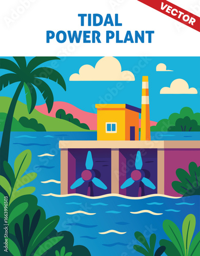 Tidal Power Plant vector illustration Turbines Generating Renewable Energy from Ocean Waves and Tides