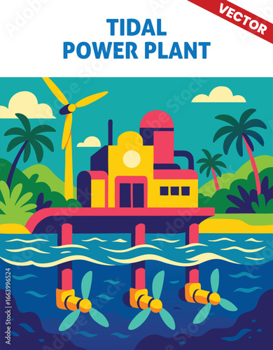 Tidal Power Plant vector illustration with Energy Generation from Ocean Tides and Water Turbines for Clean Power Production