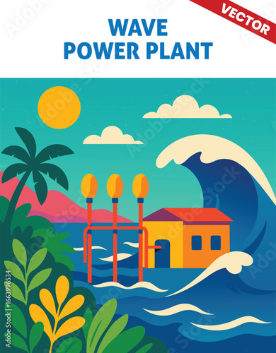 Wave Power Plant vector illustration with Ocean Waves Moving Turbines to Generate Renewable Energy