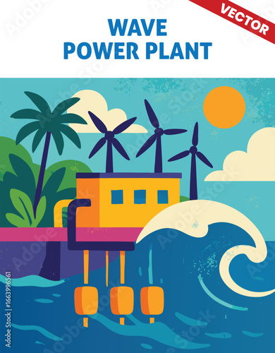 Wave Power Plant vector illustration Large Harnessing Ocean Waves for Energy with Floating Turbines