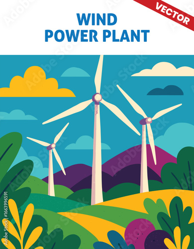 Wind Power Plant vector illustration with Tall Wind Turbines Spinning in a Vast Open Field for Renewable Energy Generation
