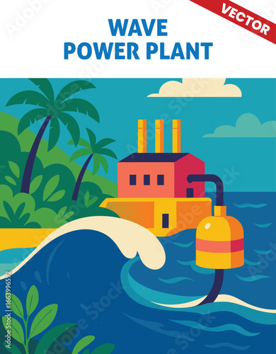 Wave Power Plant vector illustration with Floating Turbines Using Ocean Waves to Generate Renewable Power