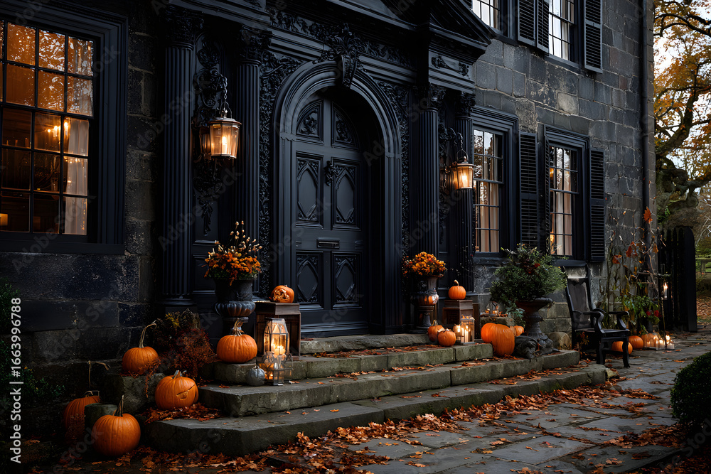 Obraz premium Black house door with carved pumpkins