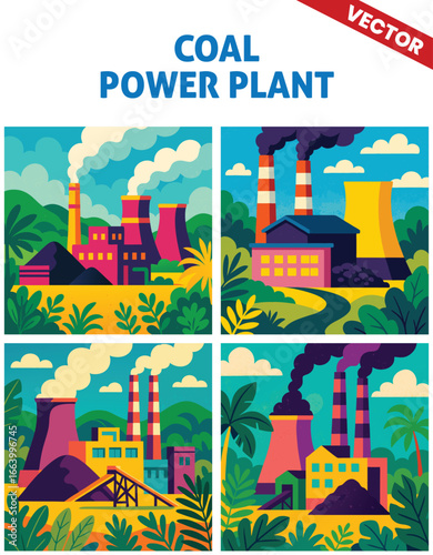Various coal power plant vector illustration with large chimneys, industrial buildings, and vibrant greenery, showcasing the energy generation process under a clear sky