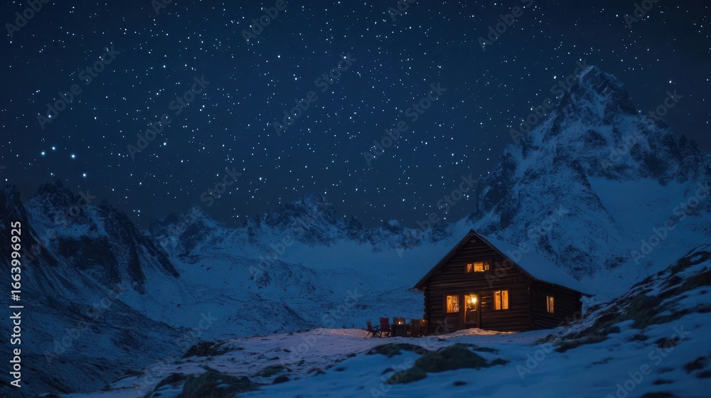 Fototapeta premium Cozy wooden cabin nestled in snowy mountains under a starry night sky