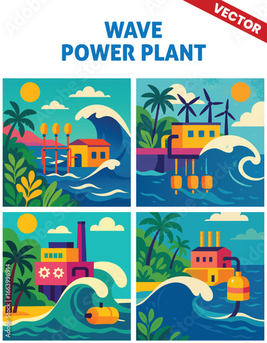 Various Wave Power Plant vector illustration Using Ocean Waves to Generate Clean Energy with Floating Turbines