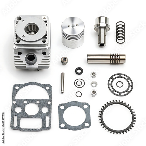 Minimalist flat lay of small engine spare parts on clean white background, product photography style for e-commerce and manuals.