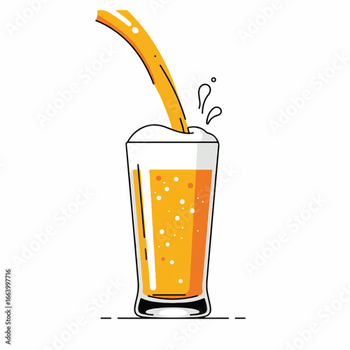 Dynamic 2D flat vector illustration of golden beer pouring into a tall glass, creating a perfect frothy head, minimalist with clean lines and solid colors on a white background.