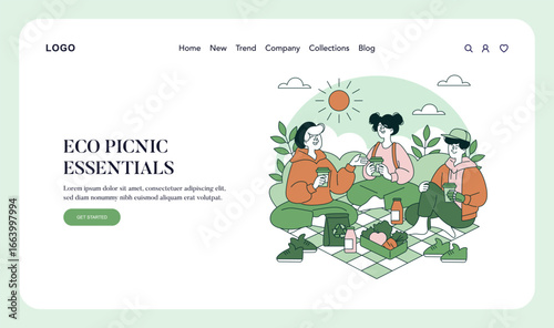 Friends Enjoy Eco Picnic Outdoors Vector Illustration