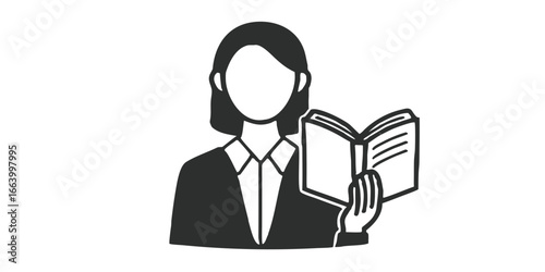 Illustration of a woman in a suit holding an open book with blank pages in a black and white drawing