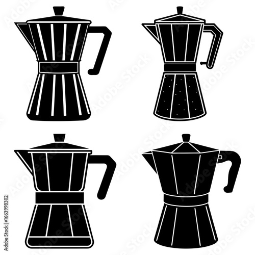 Four moka pots in black and white with different designs and shapes on a white background displayed neatly