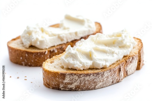 Two slices of rustic bread topped with creamy white cheese spread on a white background