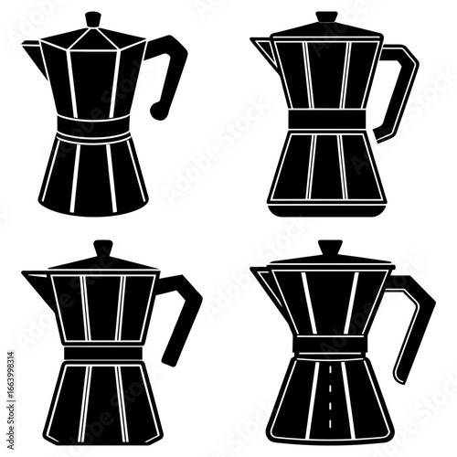 Illustration of four different moka pots with various designs in a black and white color scheme style