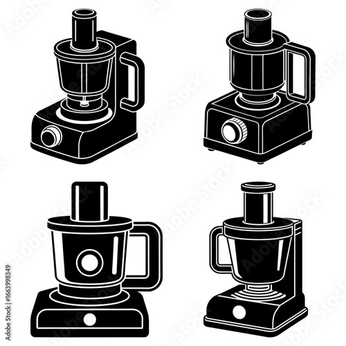 Four different black and white illustrations of food processors with varying designs and features shown