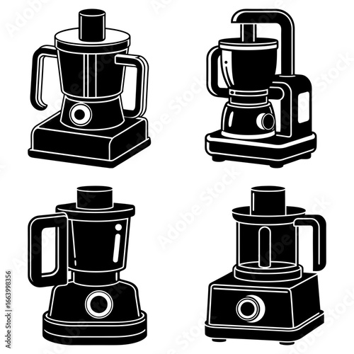 Four black and white images of various food processors with different designs and configurations