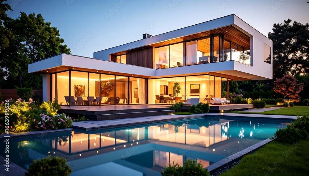 Fototapeta premium Modern, contemporary home with a swimming pool, showcased at dusk, with warm lighting and a serene atmosphere.