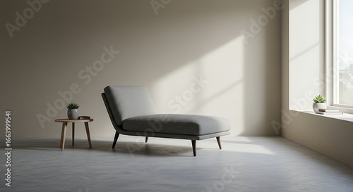 Modern grey armchair in a minimalist room with natural sunlight from a window creating long shadows. Serene and tranquil interior design concept