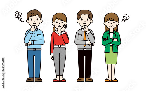 悩んだり考えたりしている、複数の男性社員と女性社員の全身イラストセット＿ベクター＿カラー