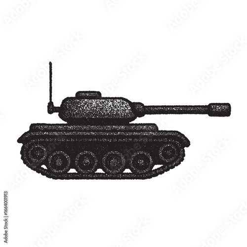 Black and white grainy tank silhouette with distressed texture, ideal for military art, war graphics, defense themes, posters, icons, backgrounds, and bold creative design projects.