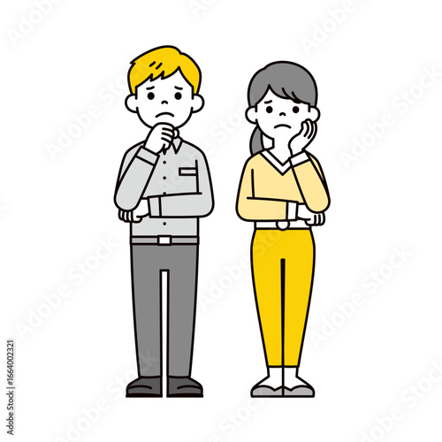 困った様子で腕を組む、シンプルな若い男女の全身イラスト素材セット＿ベクター