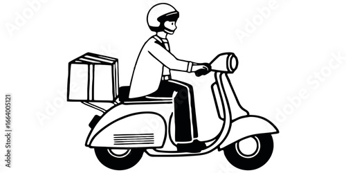 Illustration of a delivery man riding a scooter with a package on the back in black and white style