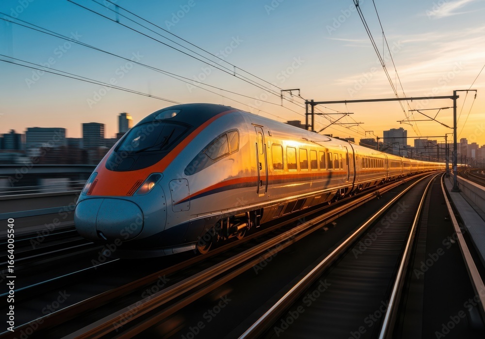 Fototapeta premium High Speed Train Approaching a City at Sunset with Motion Blur