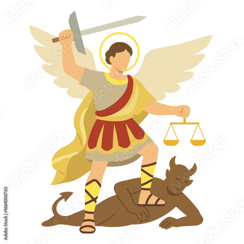 Saint Michael the Archangel Defeating Satan – Flat Vector Illustration of Angel with Sword and Scales