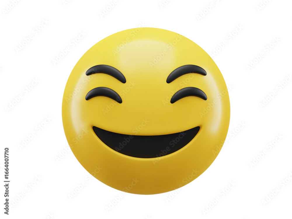 Fototapeta premium A cheerful yellow emoji with closed eyes and a wide open mouth smiling happily isolated on transparent background
