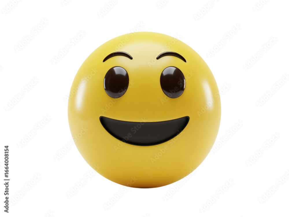 Fototapeta premium A cheerful yellow smiley face emoji with wide eyes and a broad smile isolated on transparent background