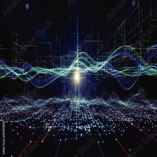 Abstract digital cityscape with glowing waves and data streams.