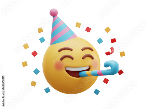 Joyful laughing emoji wearing a party hat with a noisemaker and confetti celebrating a happy event isolated on transparent background