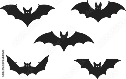 Cartoon bat silhouettes with white eyes, flying Halloween bats on white background, spooky nocturnal animal vector for seasonal, festive, horror themes